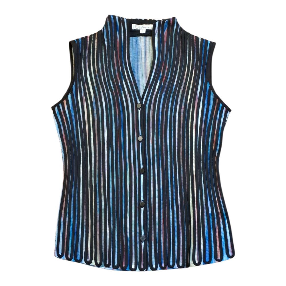 True Vintage Rare Mesh Textured Striped Sleeveless Button Down Shirt Size 4